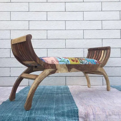 Wooden lotus bench two seater in two tone finish with cotton patch fabric. 