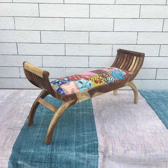 Sheesham wood lotus bench two seater in two tone finish with cotton patch fabric. 