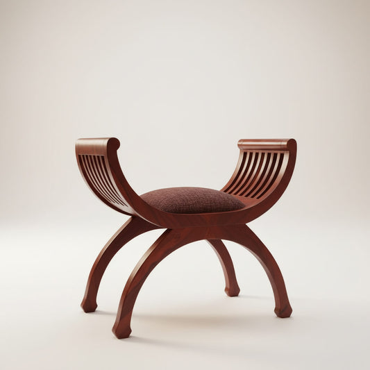 A handcrafted wooden bench with a single-seater design and curved handles, featuring a honey color finish.