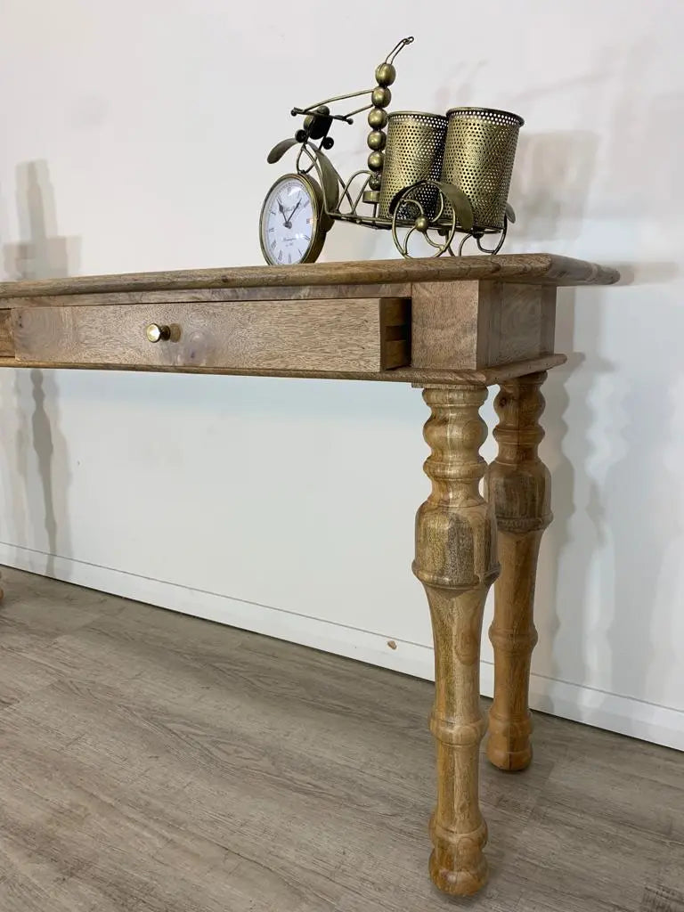 Solid mango wood Two drawer long top four carving leg Lowe console table.