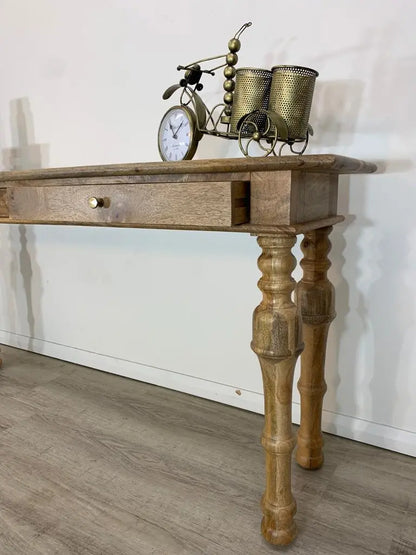 Solid mango wood Two drawer long top four carving leg Lowe console table.