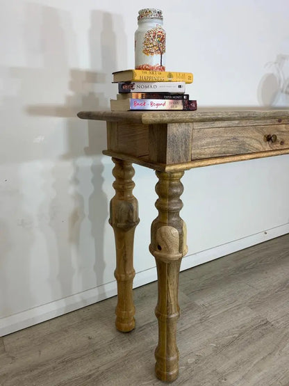 Mango wood Two drawer long top four carving leg Lowe console table.