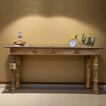 Two drawer long top four carving leg Lowe console table Made in solid Mango wood. 