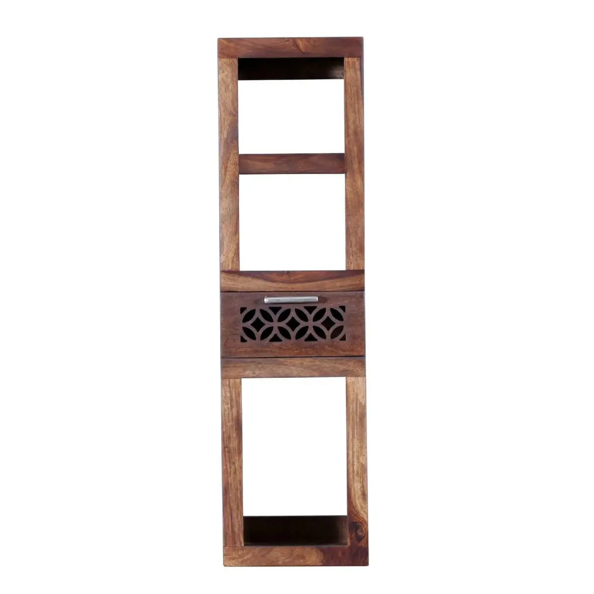 Wooden shelf with decorative cutout on Drawer. 