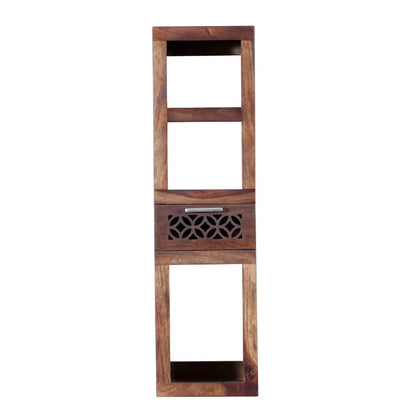 Wooden shelf with decorative cutout on Drawer. 