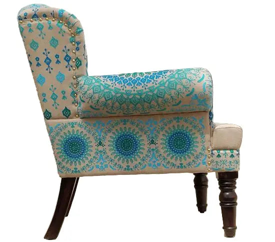 Solid wood carved leg Maharaja sofa blue in walnut finish. 