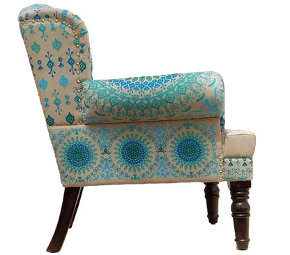 Solid wood carved leg Maharaja sofa blue in walnut finish. 
