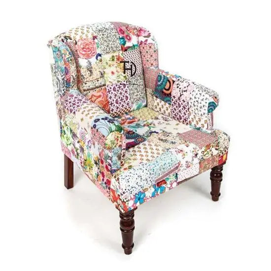 A Maharaja sofa with multicolor patchwork design with sheesham wood structure.