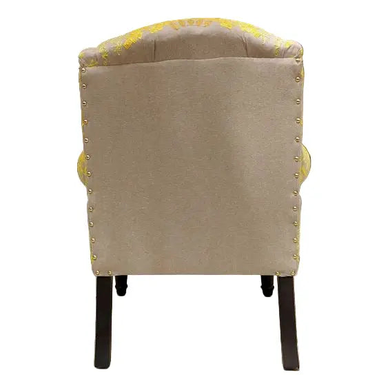 Round carved leg Mahraja sofa yellow made by wooden in walnut finish. 
