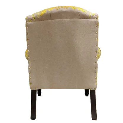 Round carved leg Mahraja sofa yellow made by wooden in walnut finish. 