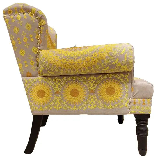 Round carved leg Mahraja sofa yellow made in Solid wood in walnut finish. 