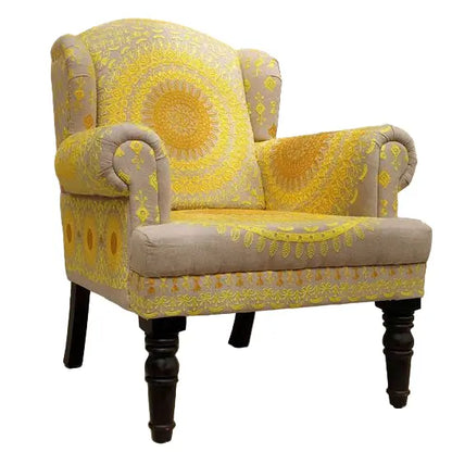 Round carved leg Mahraja sofa yellow made in Solid sheesham wood in walnut finish. 