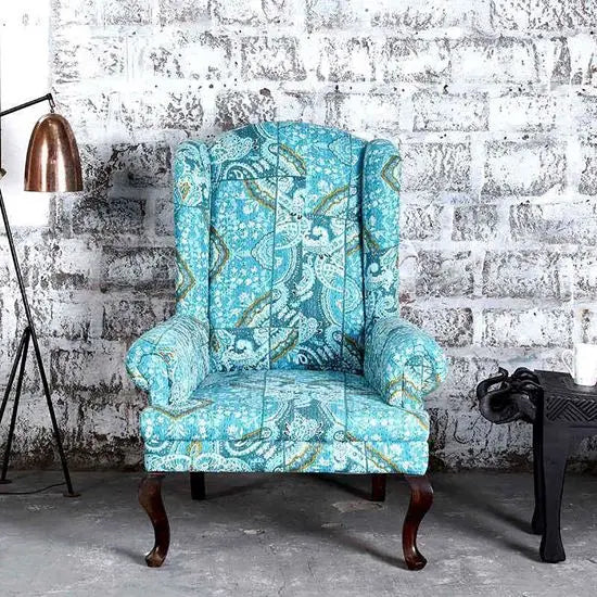 traditional design and modern comfort Maharaja wing chair with katha fabric.