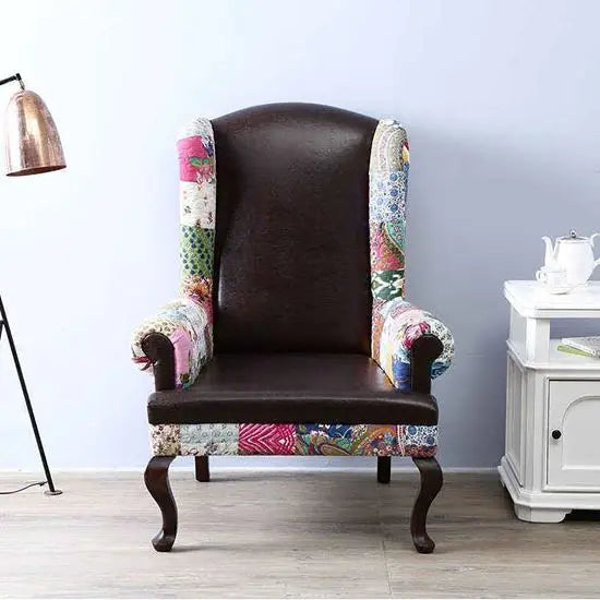 Sheesham wood Maharaja wing chair with mix fabric.