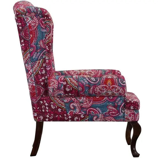 Wooden structure maharaja wing chair in walnut finish with Katha fabric. 