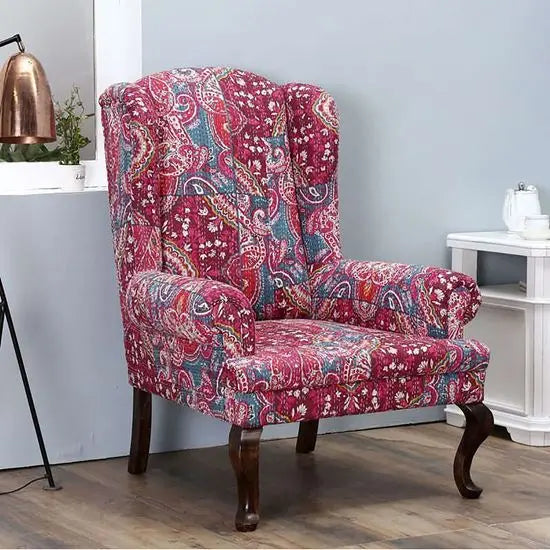 Sheesham wood structure maharaja wing chair in walnut finish with Katha fabric. 
