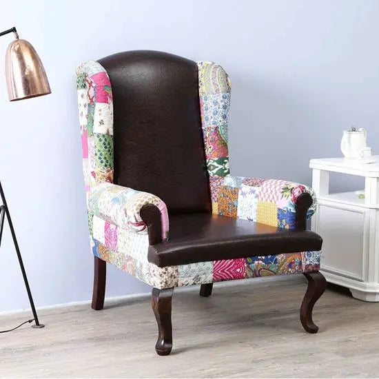 Solid sheesham wood Maharaja wing chair with mix fabric.