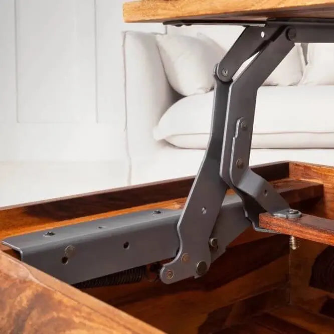 Sheesham wood and Metal frame one side shelf Makassar Lift Top Coffee Table. 