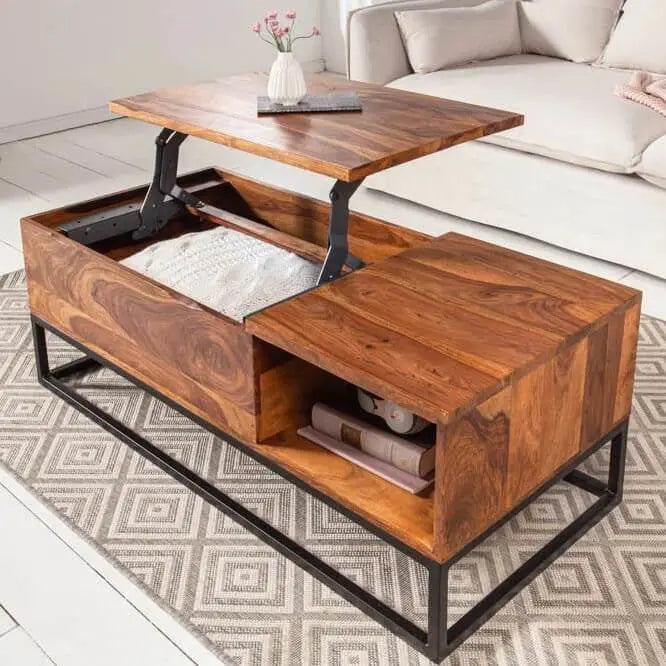 Wooden coffee table with lift-top design in a living room setting