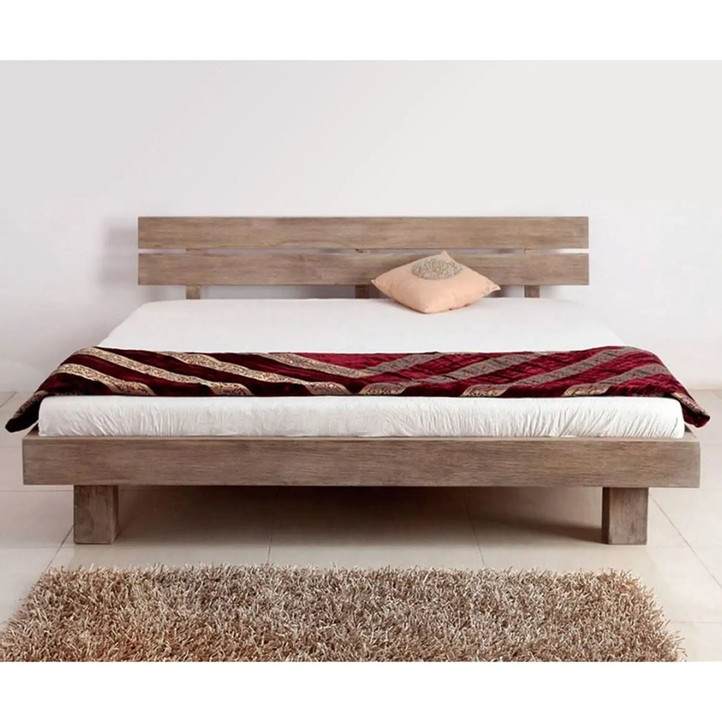 Solid Wood Two Panel in Headboard Mango Simple Bed. 