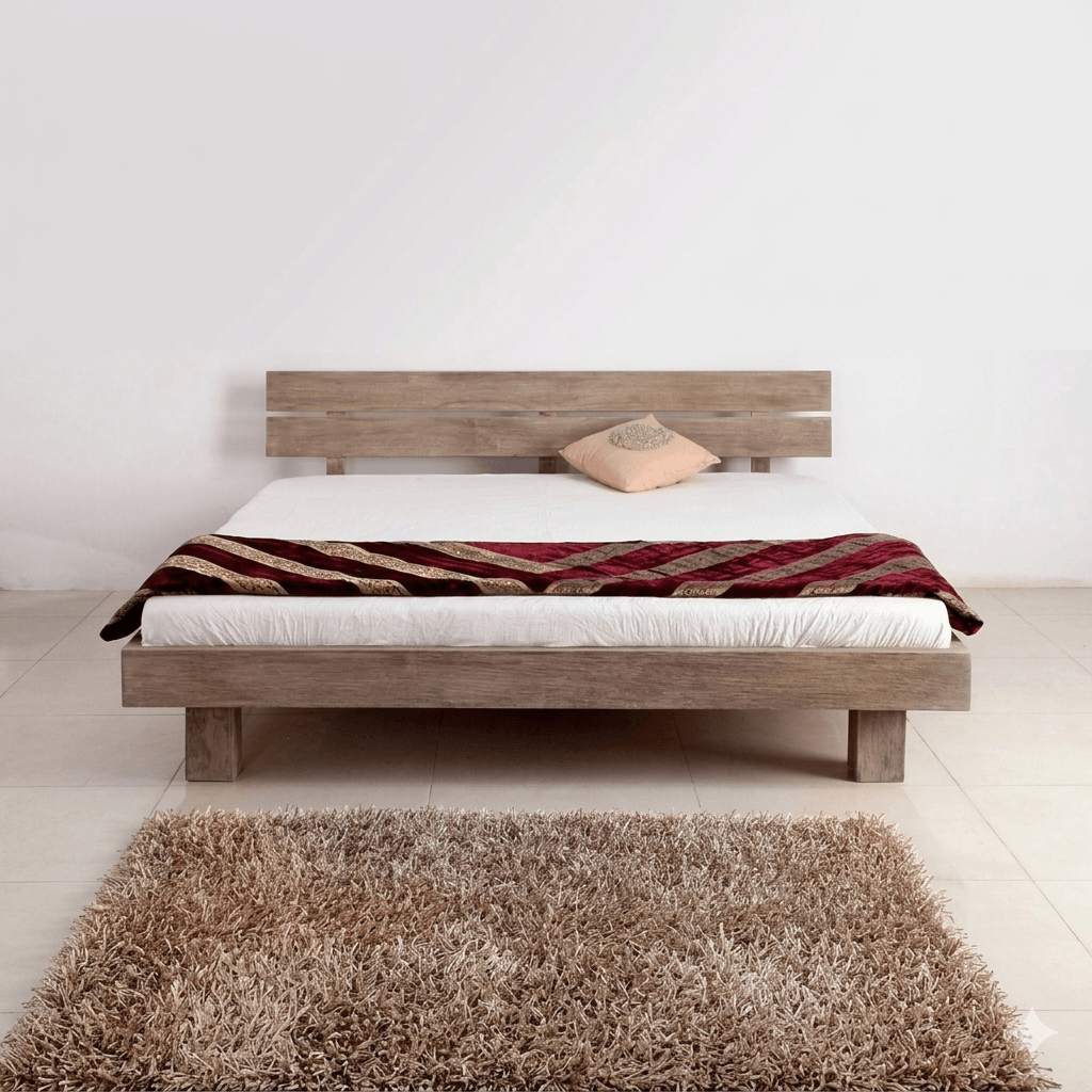 Solid Wood Two Panel in Headboard Mango Simple Bed. 