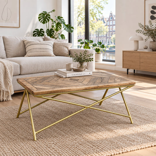 Solid wood and Metal frame herringbone pattern on the top Marbi epoxy coffee table. Metal base painted in golden finish. 
