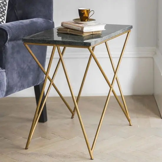 Rectangular shaped green marble Marbi side table with a gold coated metal frame. 