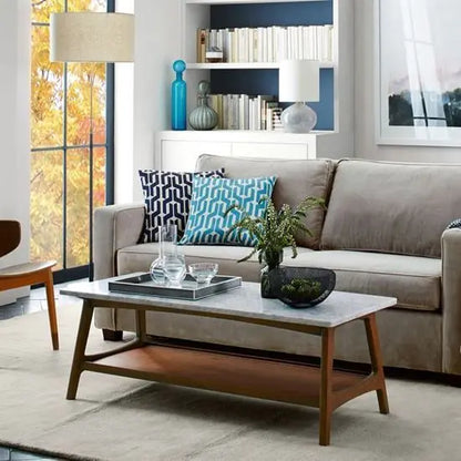 Sheesham wood and white marble top rectangular Marbi tappa coffee table. 