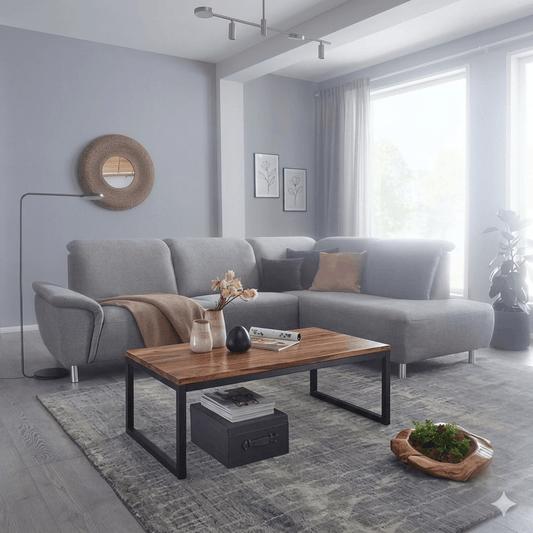 A modern design Marshal coffee table with a Sheesham wood top and metal frame.