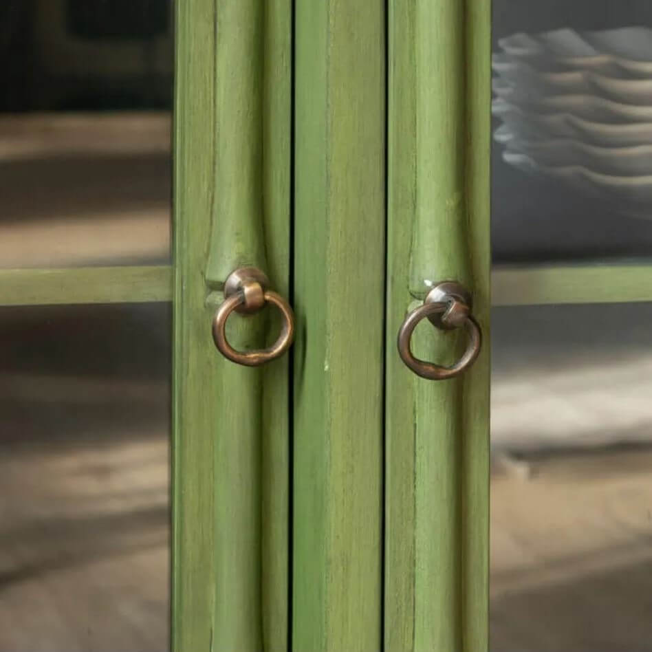 Close-up of a green cabinet or door with two round brass ring pulls and glass panels.
