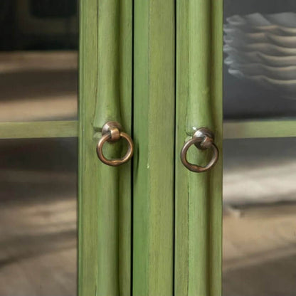 Close-up of a green cabinet or door with two round brass ring pulls and glass panels.