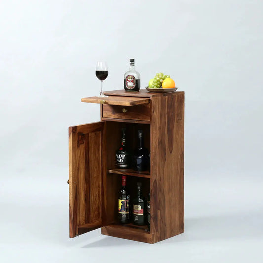 Wooden bar cabinet with one door and one drawer. 