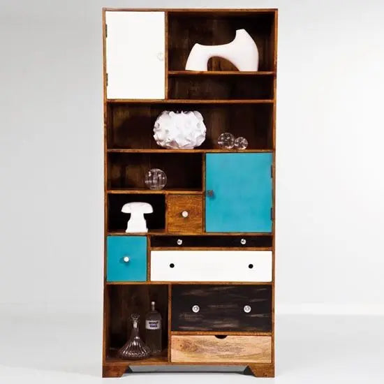 Two Door Six Drawer and Open Shelf Meij Bookcase Made in Solid Mango Wood. 