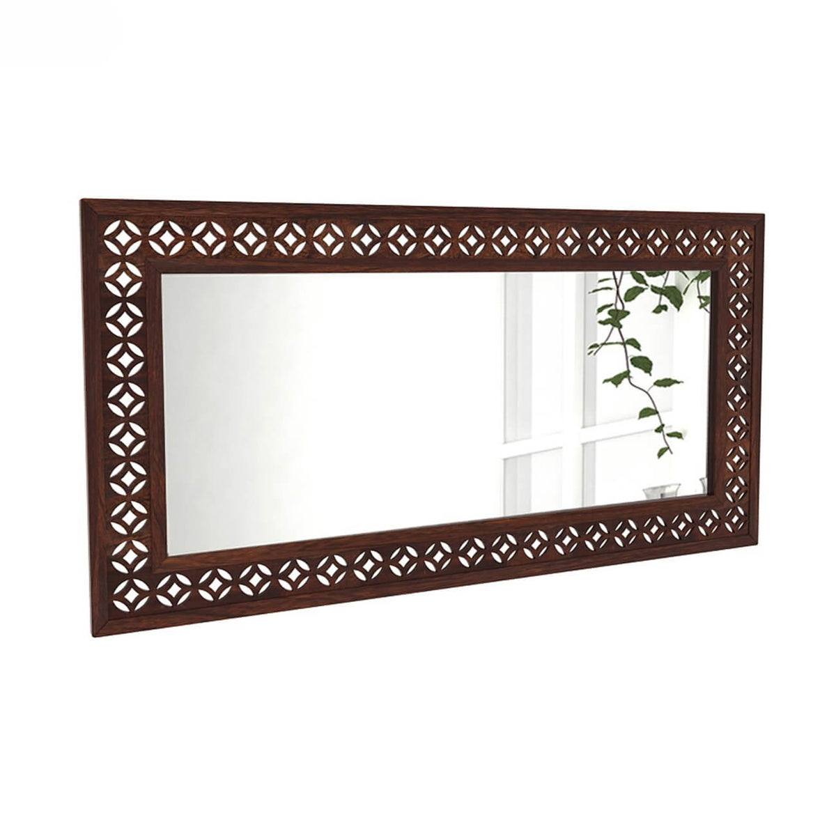 A rectangular wall mirror with an ornate dark brown wooden frame featuring a repeating diamond lattice cutout pattern.