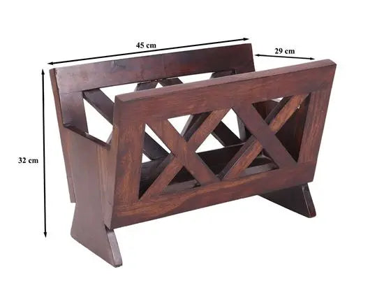 Solid Mango Wood Side X Design Mika Magazine Rack for Keeps Fruits. 