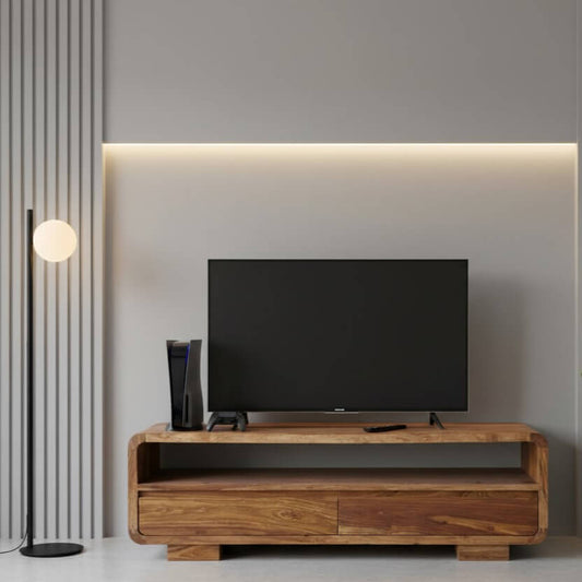 A handcrafted brown Sheesham wood TV unit with two drawers and a lower shelf.