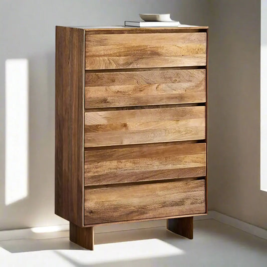 Solid Mango Wood Five Drawer Modern 5D Dresser. 