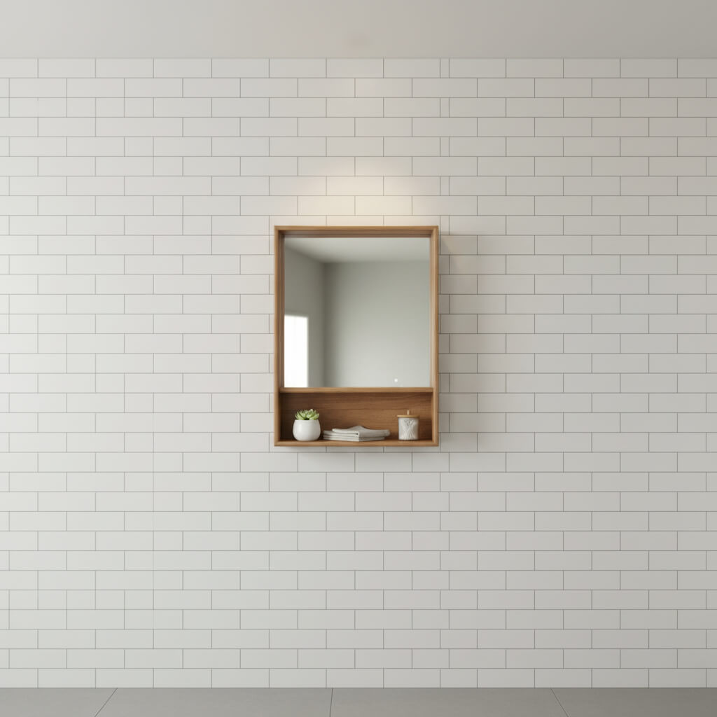 A rectangular storage mirror with a wooden frame, featuring a mirror on the upper half and shelve at base.