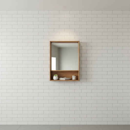 A rectangular storage mirror with a wooden frame, featuring a mirror on the upper half and shelve at base.
