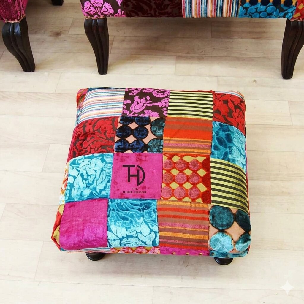 Wooden Carving leg Muti patchwork Chowki.
