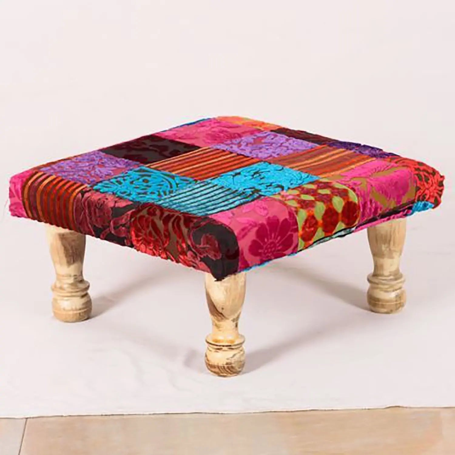Colorful patchwork stool with Carving wooden legs.