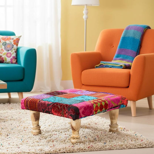 Colorful patchwork stool with Carving wooden legs.