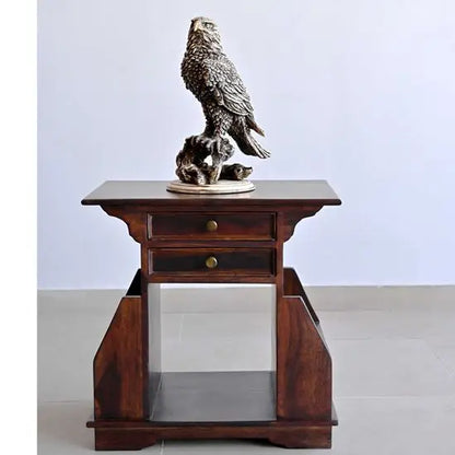 Solid Wood Two Drawer One Big Shelf and Two Side Pocket Shelf Murlee Magazine Stand. 