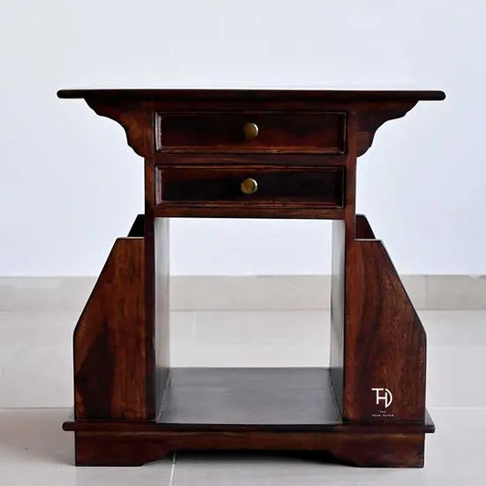 Two Drawer One Big Shelf and Two Side Pocket Shelf Murlee Magazine Stand Made in Solid Sheesham Wood. 