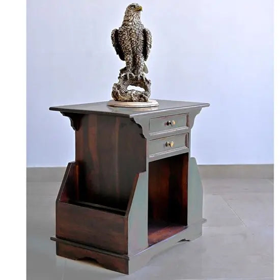 Sheesham Wood Two Drawer One Big Shelf and Two Side Pocket Shelf Murlee Magazine Stand. 