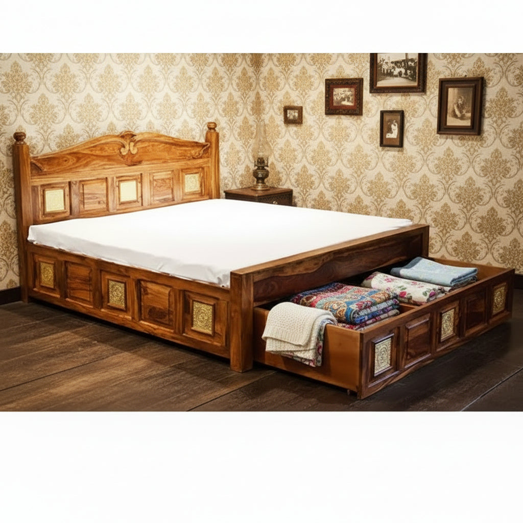 Solid Wood Nawan King Size Bed with drawer and storage