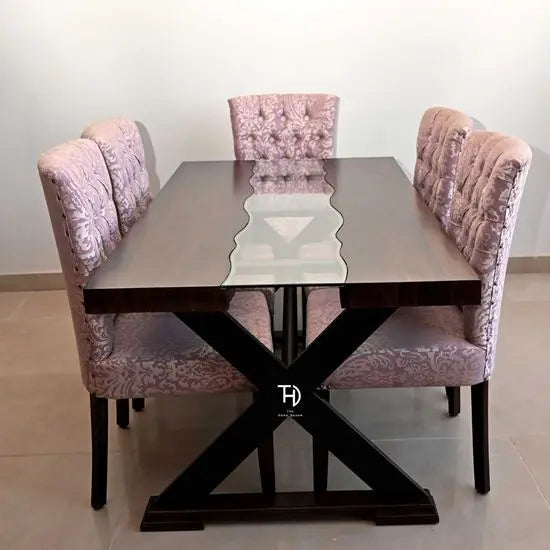 Mango Wood River Glass Design Nile Dining Table in Walnut finish.