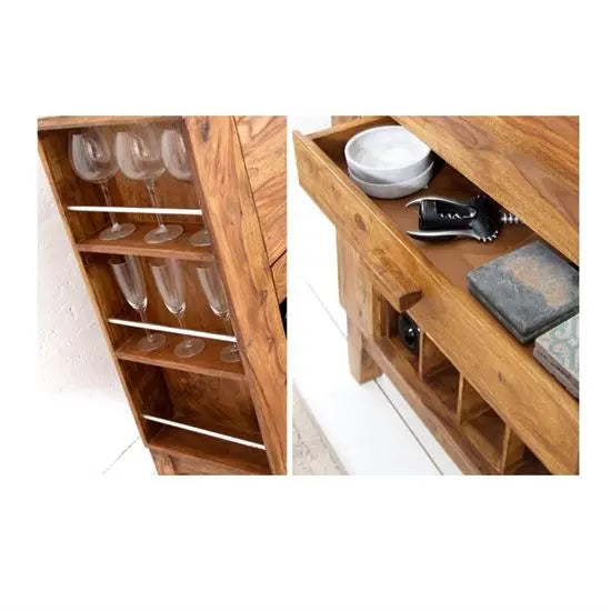 Sheesham Wood One Flap Door and One Drawer Nisha Bar Cabinet Honey. 