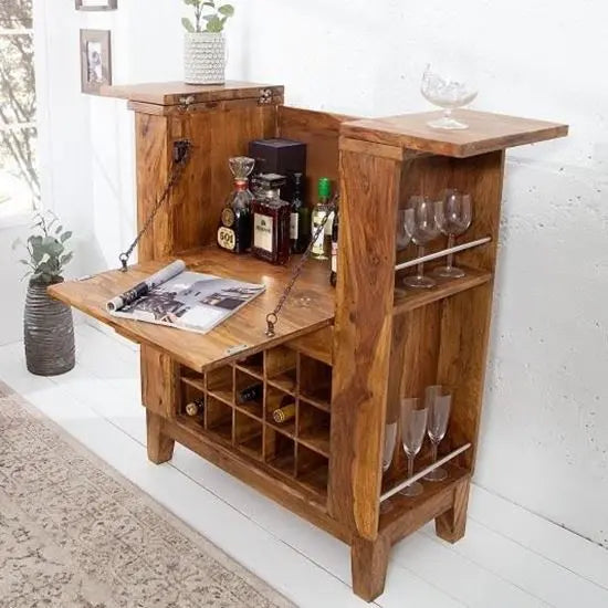 Solid Wood One Flap Door and One Drawer Nisha Bar Cabinet Honey. 
