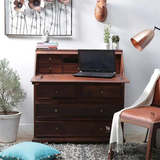 Nine Drawer and One Flap Door Nona Dune Desk Made in Solid Wood Sheesham Wood. Flap Door For Keeps Laptop and Other Regular use Utility.  